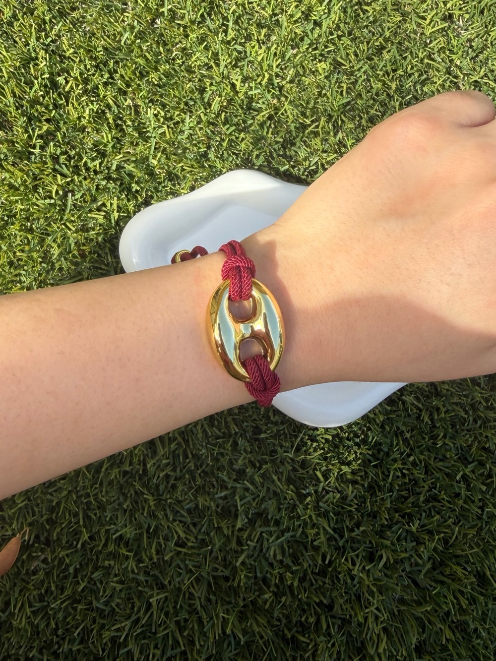 Gold-Tone Link Bracelet with Burgundy Cord